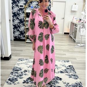 Pink Leaf Print Maxi Dress